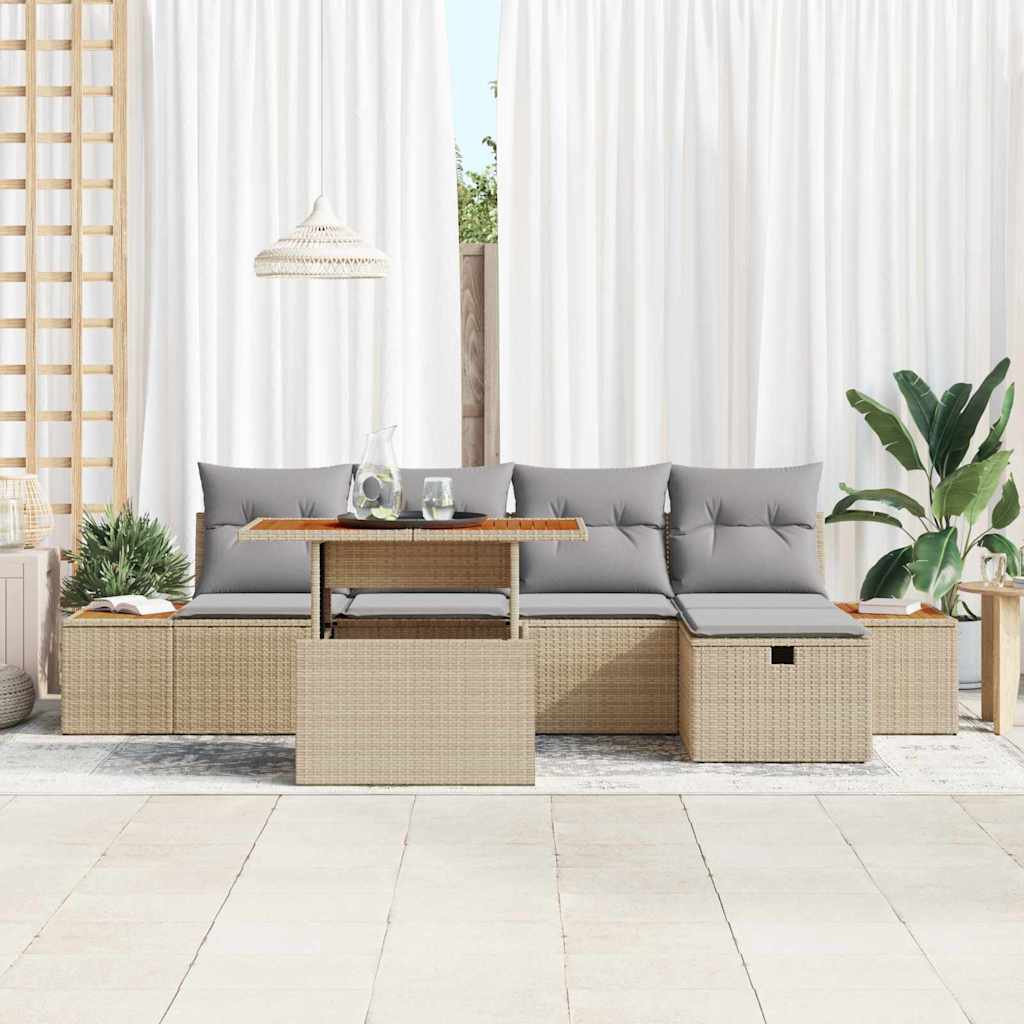 vidaXL 6-delige Tuinbankenset met kussens poly rattan beige