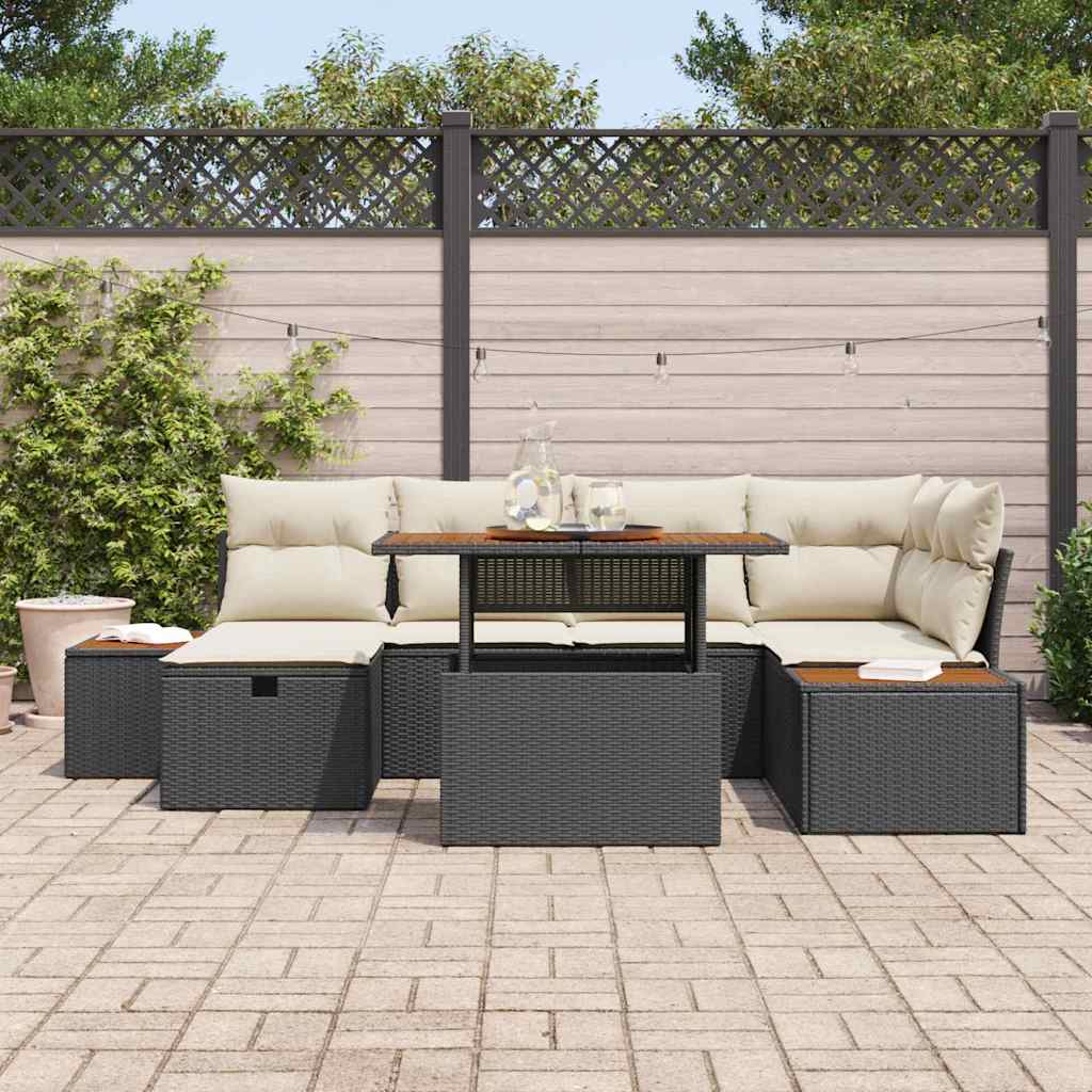 vidaXL 7-delige Tuinbankenset met kussens poly rattan zwart