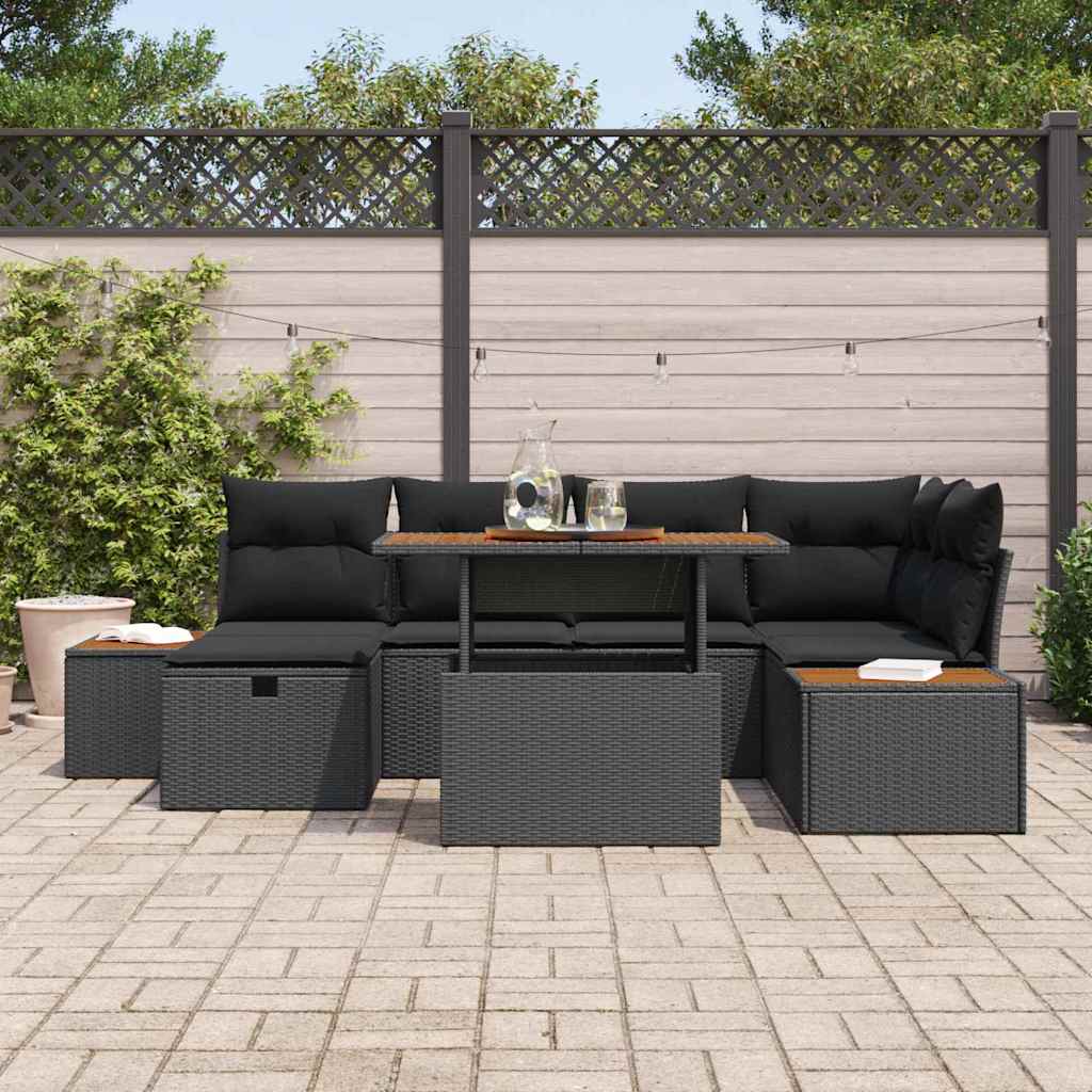 vidaXL 7-delige tuinset met kussens in zwart poly rattan