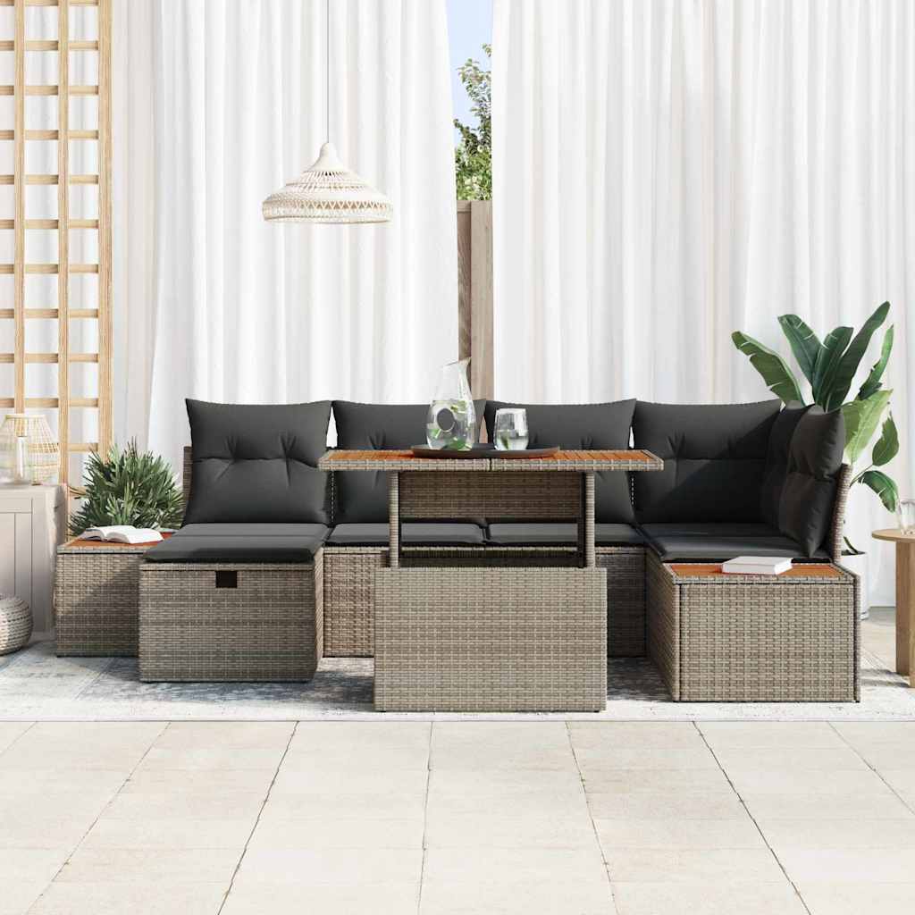 vidaXL 7-delige Tuinbankenset met kussens poly rattan grijs