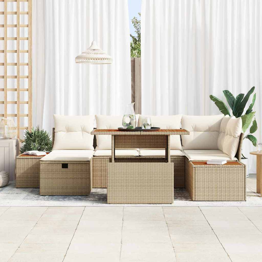 vidaXL 7-delige Tuinbankenset met kussens poly rattan beige