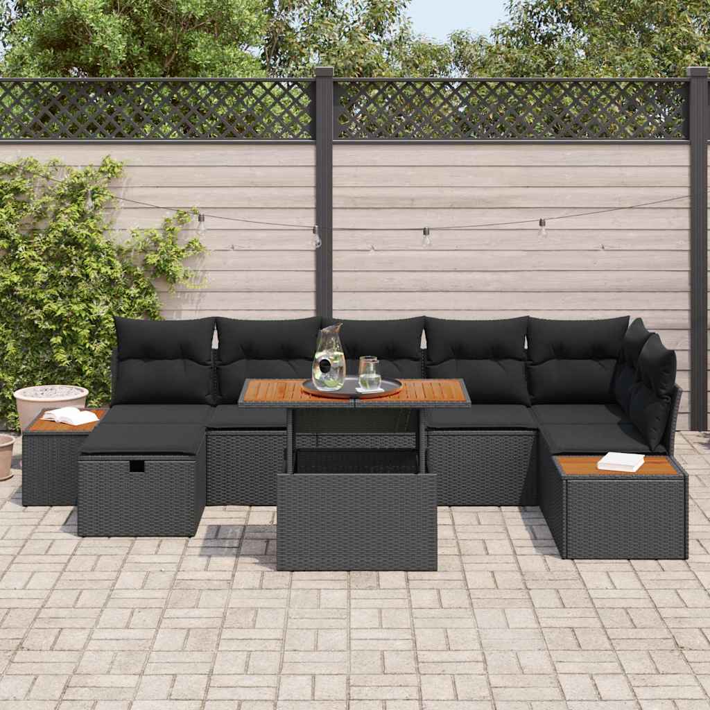 vidaXL 8-delige tuinset met kussens van zwart poly riet