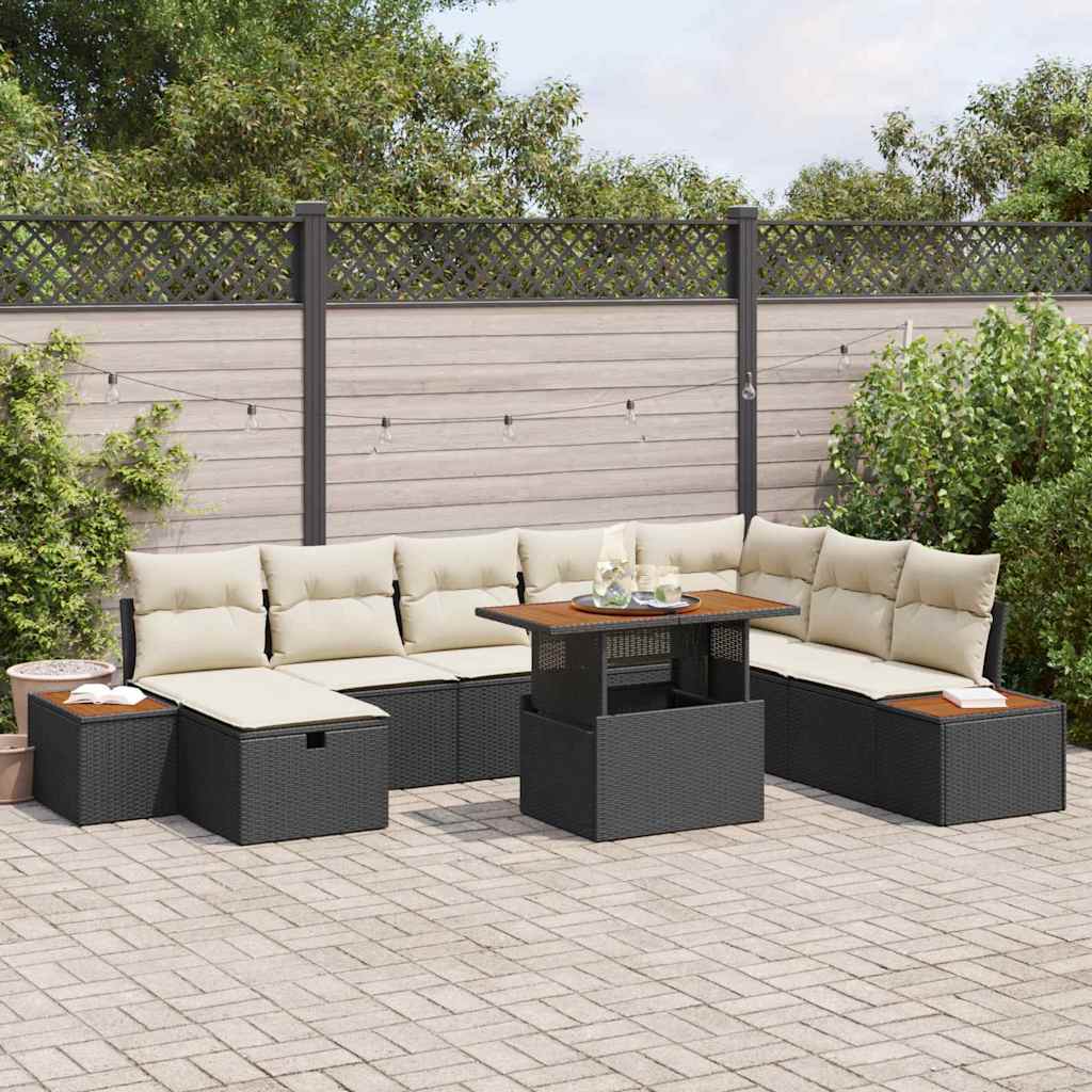 9 Styk Have Sofa Sæt med Puder Sort Poly Rattan