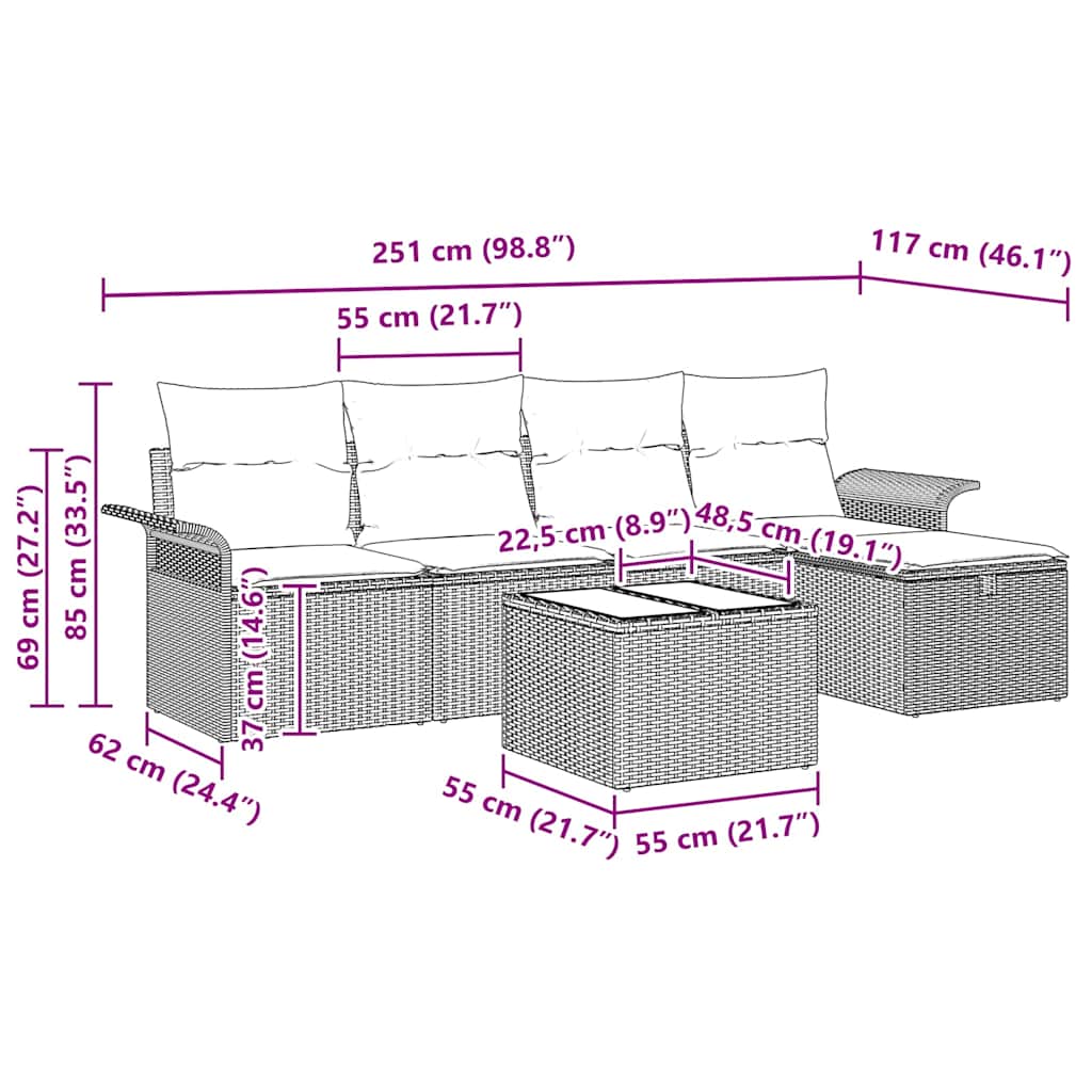 Vrtna sedežna garnitura z blazino 6 pcs Rjava Poly ratan - slika 13