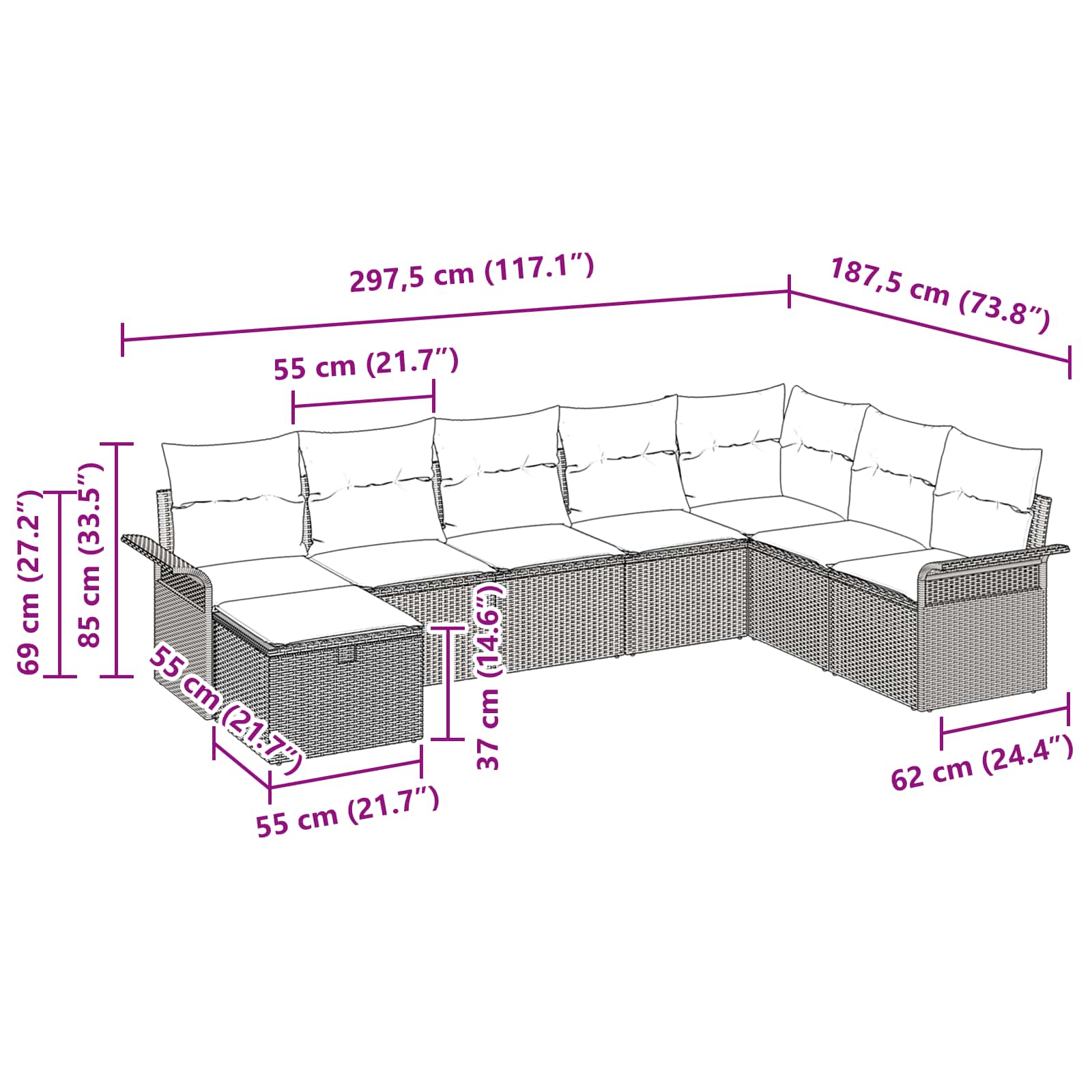 Sada zahradních pohovek s polštářem 8 pcs Poly ratan - obrázek 14