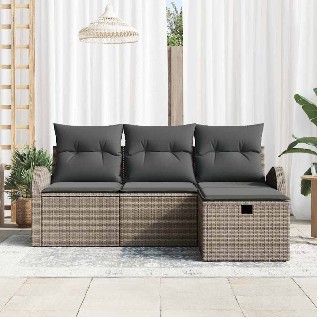 vidaXL 4-delige tuinset met kussens in grijs poly rattan
