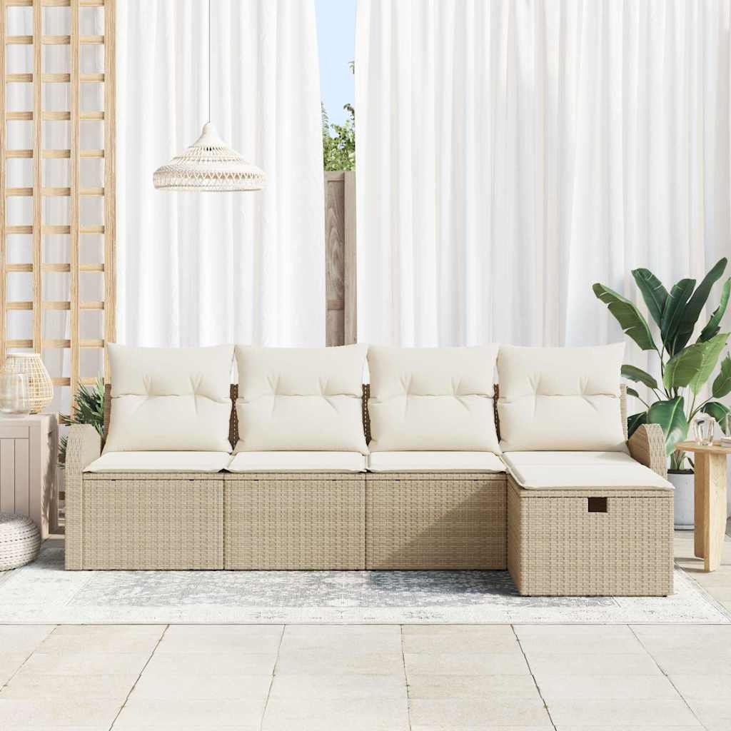 vidaXL 5-delige tuinbankset met kussens in beige poly rattan