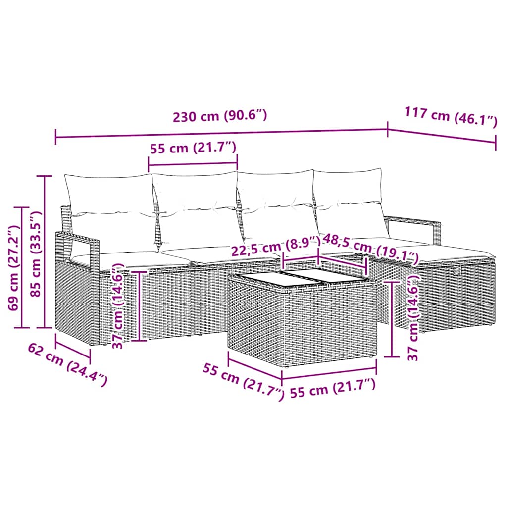 Vrtna sedežna garnitura z blazino 6 pcs Bež Poly ratan - slika 13