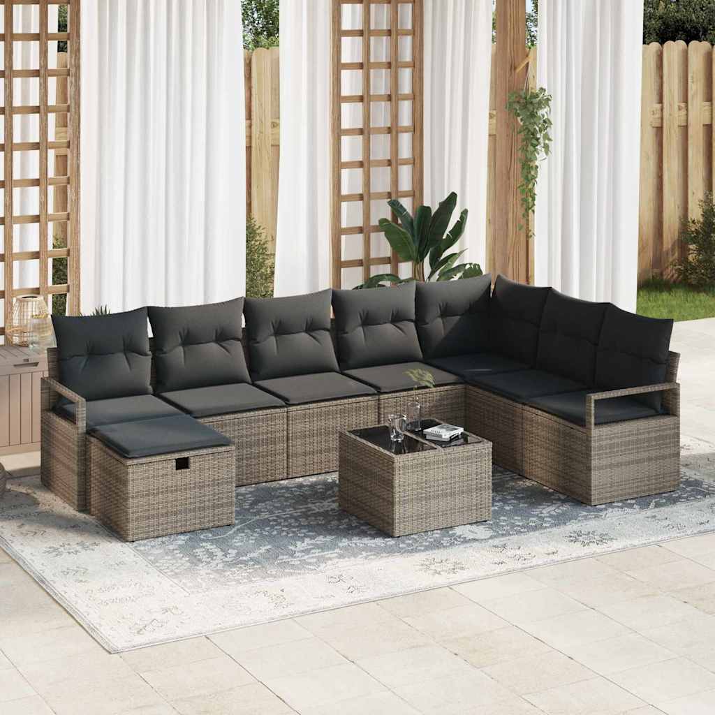 9-delers Have Sofa Sæt med Hynder Grå Poly Rattan, vidaXL 2-sæders Have Sofa med Opbevaring & Hynder Grå Poly Rattan