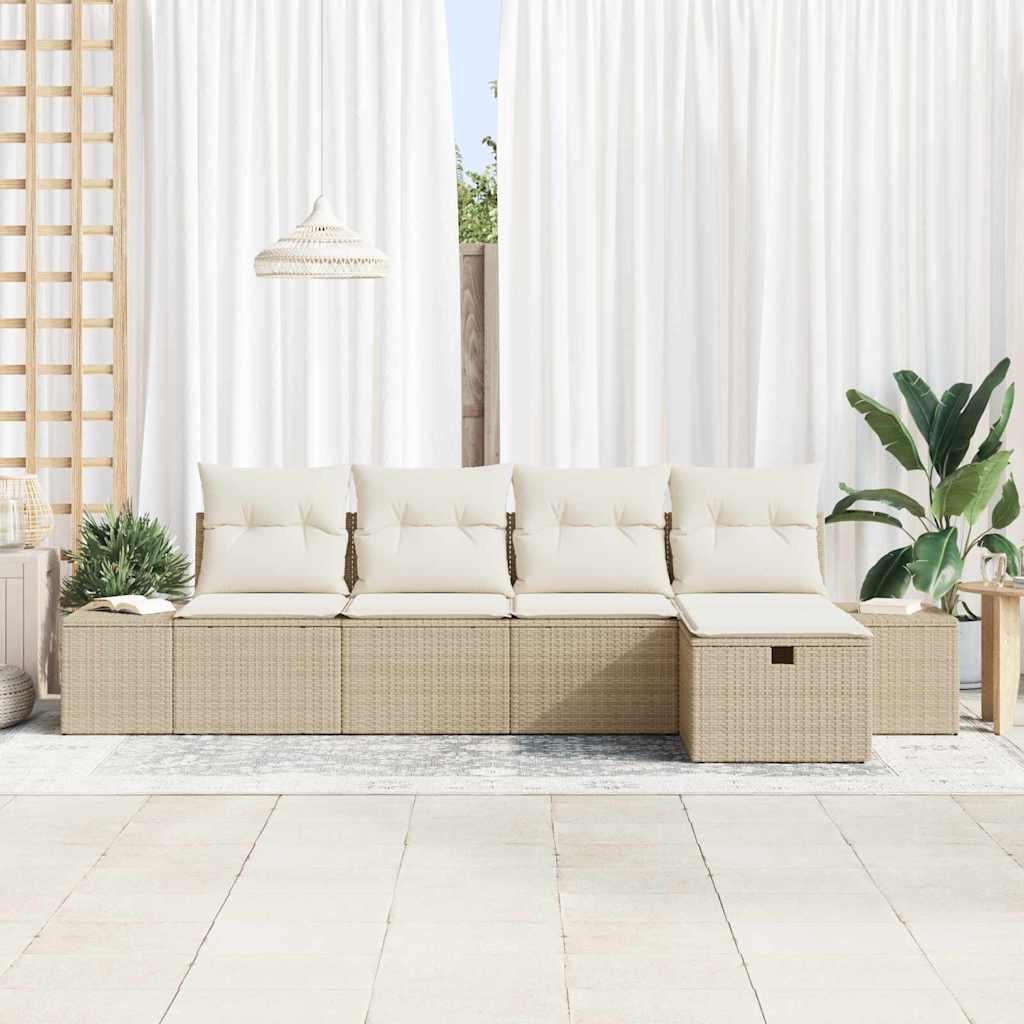 vidaXL 5-delige Tuinbankenset met kussens poly rattan beige