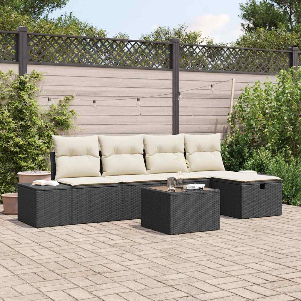 6-tlg. Garten-Sofagarnitur mit Kissen Schwarz Poly Rattan