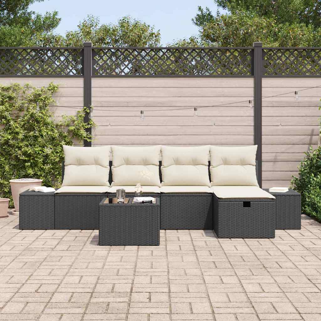 vidaXL 6-delige Tuinbankenset met kussens poly rattan zwart
