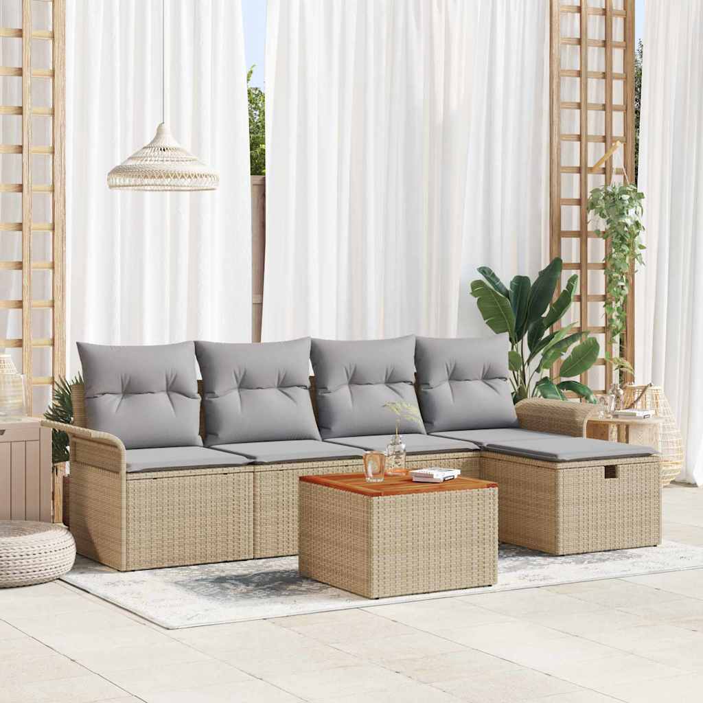 6-delt Havemøbel Sæt med Hynder Beige Poly Rattan, vidaXL 2-personers Havemøbel Sofa med Opbevaring & Hynder Beige Poly Rattan