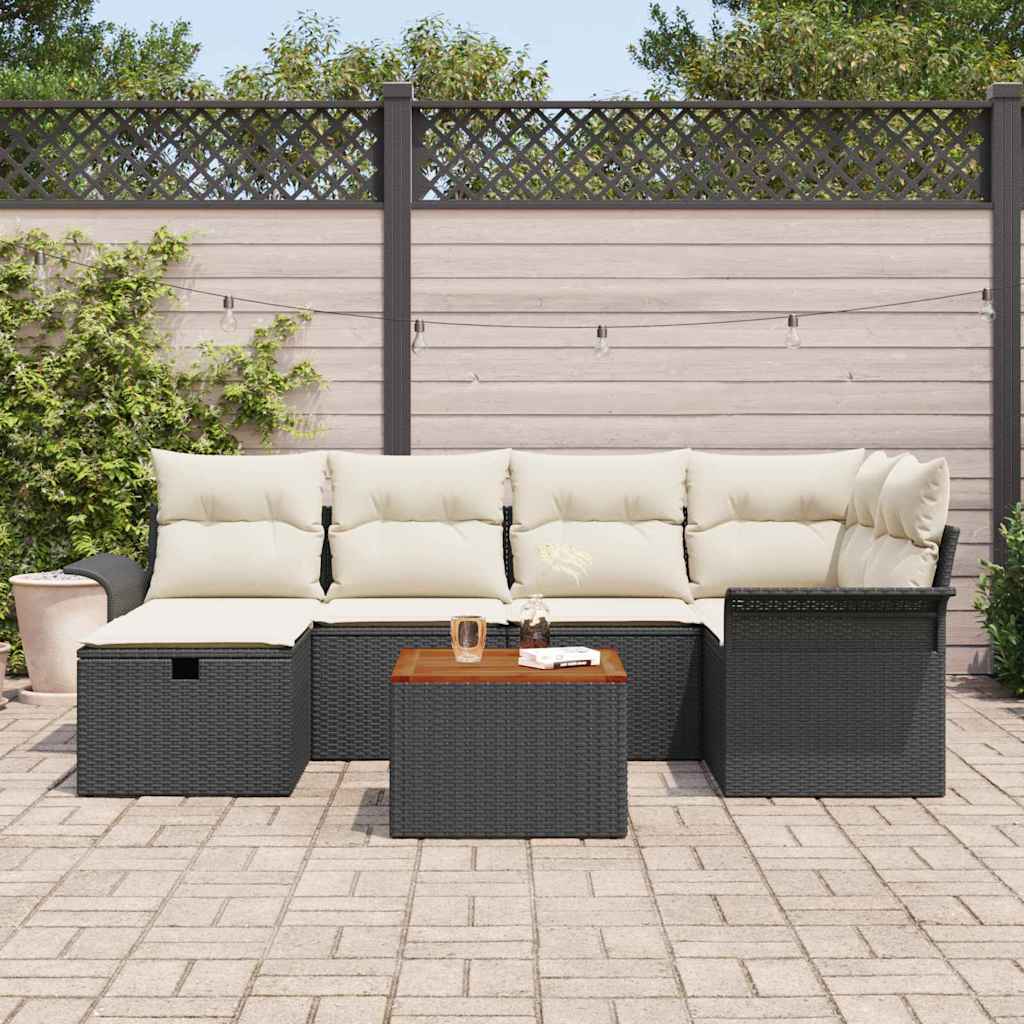 vidaXL 7-delige tuinset met kussens in zwart poly rattan
