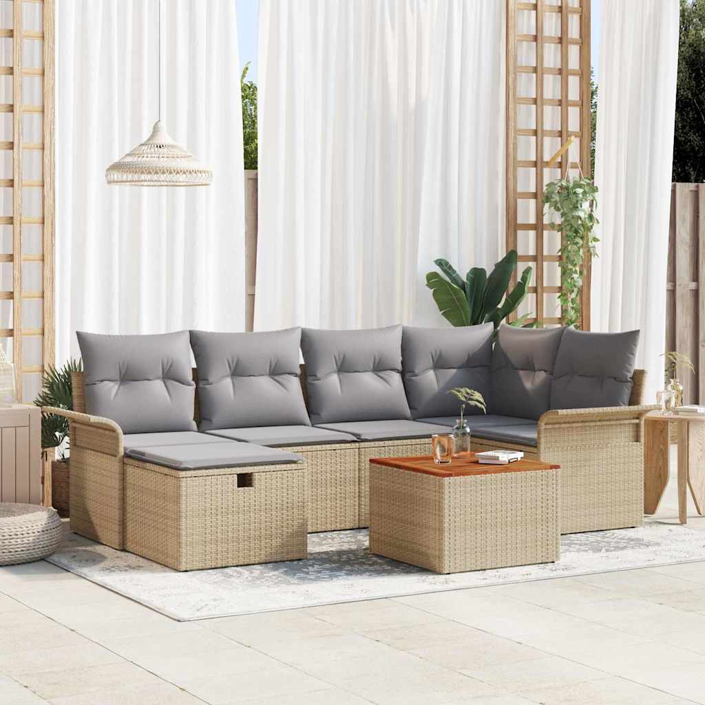 7 Deles Havemøbelsæt med Puder Beige Poly Rattan, vidaXL 2-personers Havemøbelsofa med Opbevaring & Puder Beige Poly Rattan