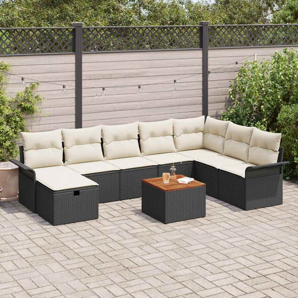 9 Piece Garden Sofa Set with Cushions Black Poly Rattan, vidaXL 2-personers Have Sofa med Opbevaring og Puder Sort Poly Rattan