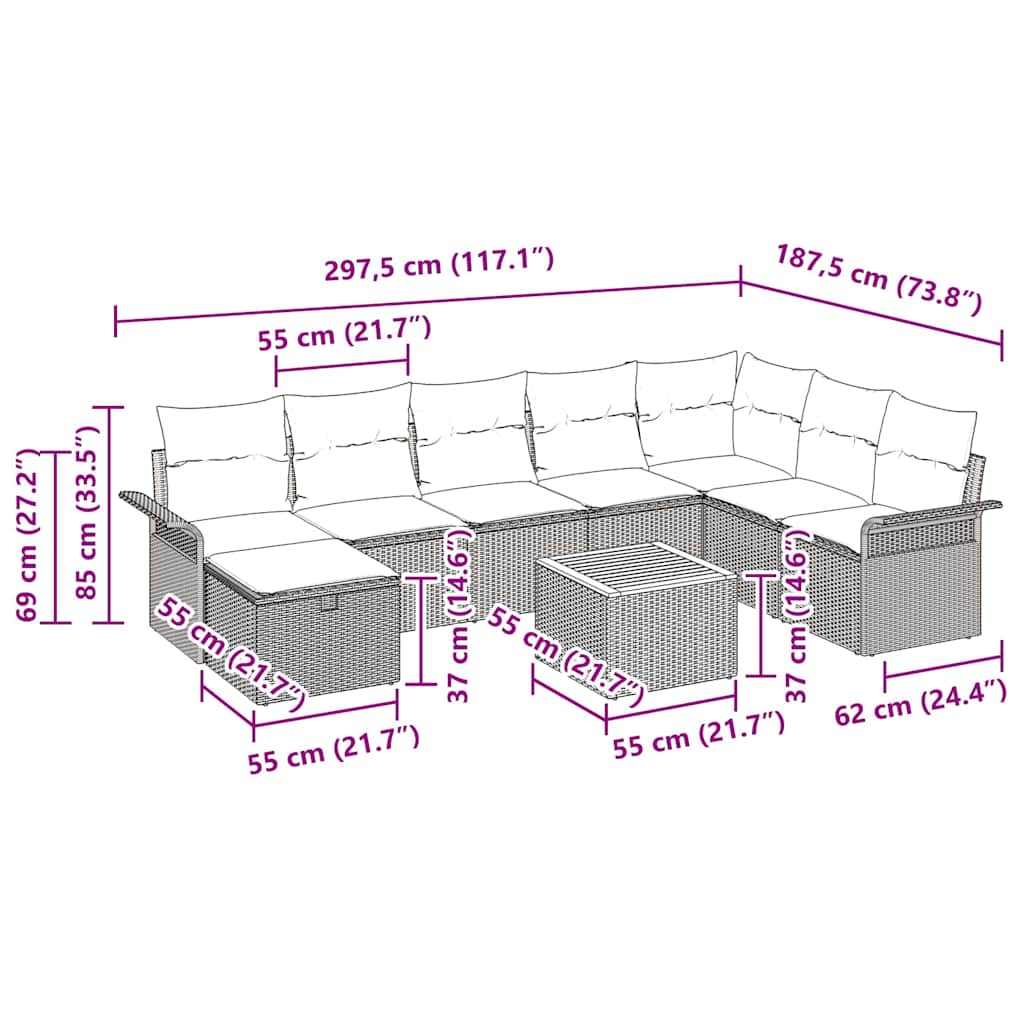 Sada zahradních pohovek s polštářem 9 pcs Béžová Poly ratan - obrázek 15