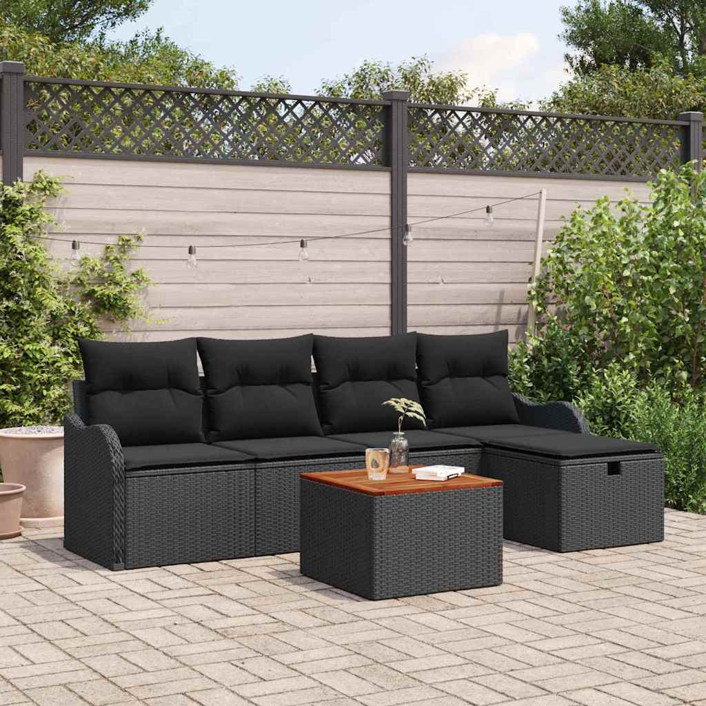 6-tlg. Garten-Sofagarnitur mit Kissen Schwarz Poly Rattan