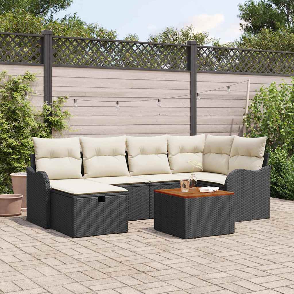 7-delss Have Sofa Sæt med Puder Sort Poly Rattan, vidaXL 2-sæders Have Sofa med Opbevaring & Puder Sort Poly Rattan