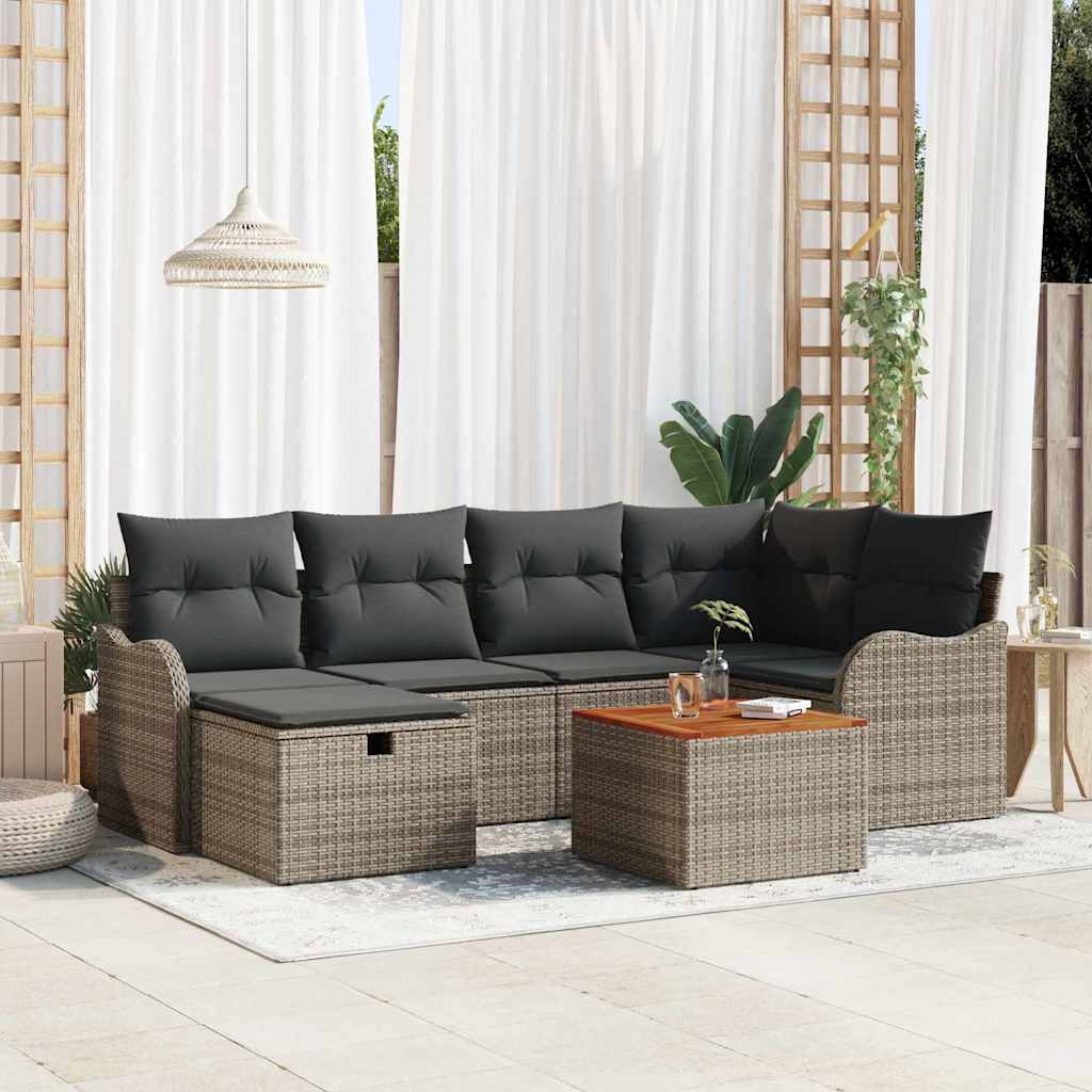7-teiliges Garten-Sofa-Set mit Kissen Grau Poly Rattan