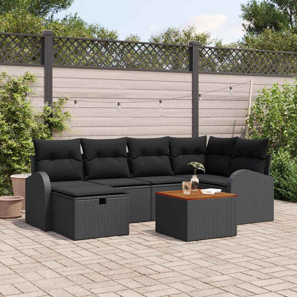 vidaXL 7-teiliges Garten-Sofa-Set mit Kissen aus schwarzem Poly-Rattan