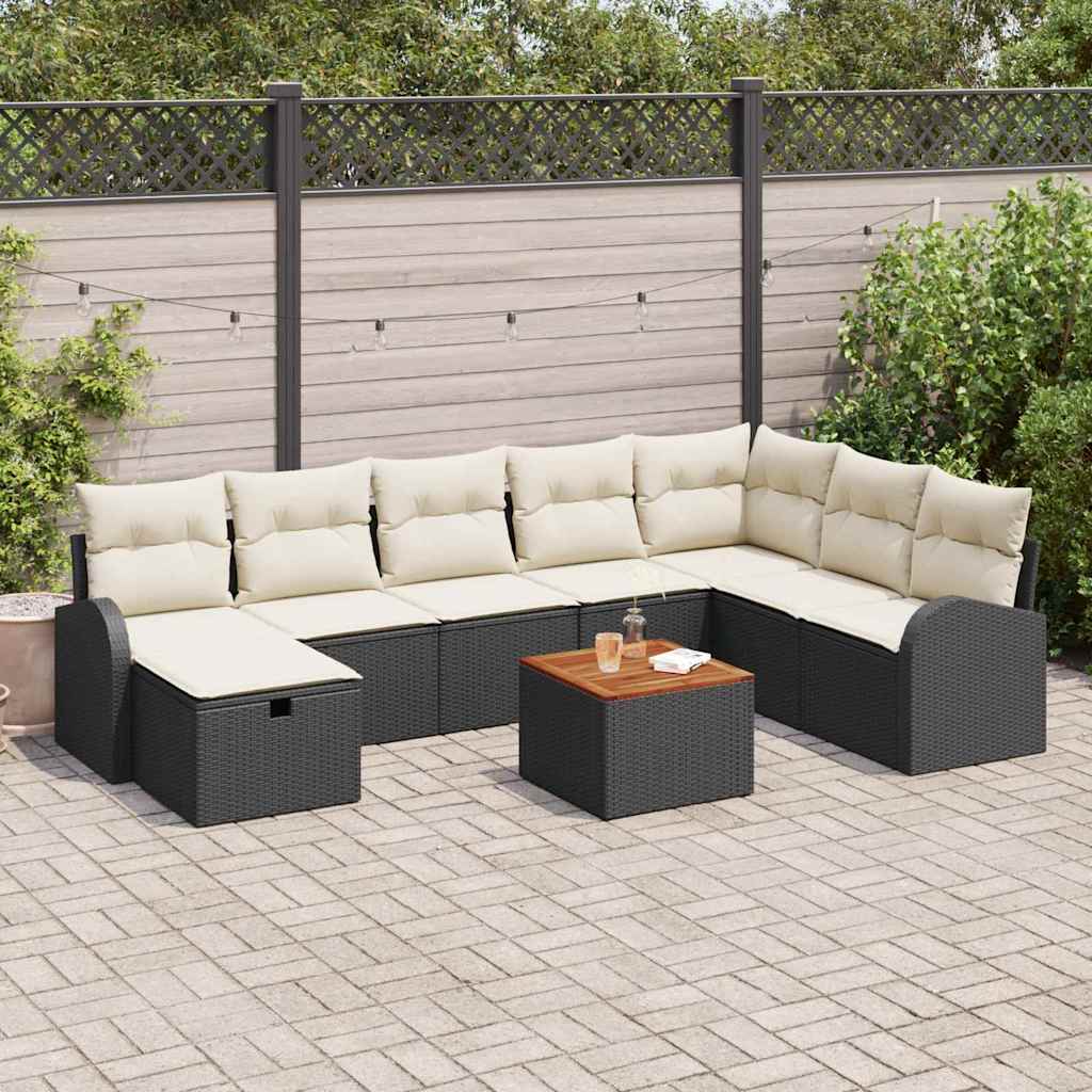 9 Stykker Havemøbel Sofa Sæt med Hynder Sort Poly Rattan, vidaXL 2-sæders Havemøbelsæt med Opbevaring & Hynder Sort Poly Rattan