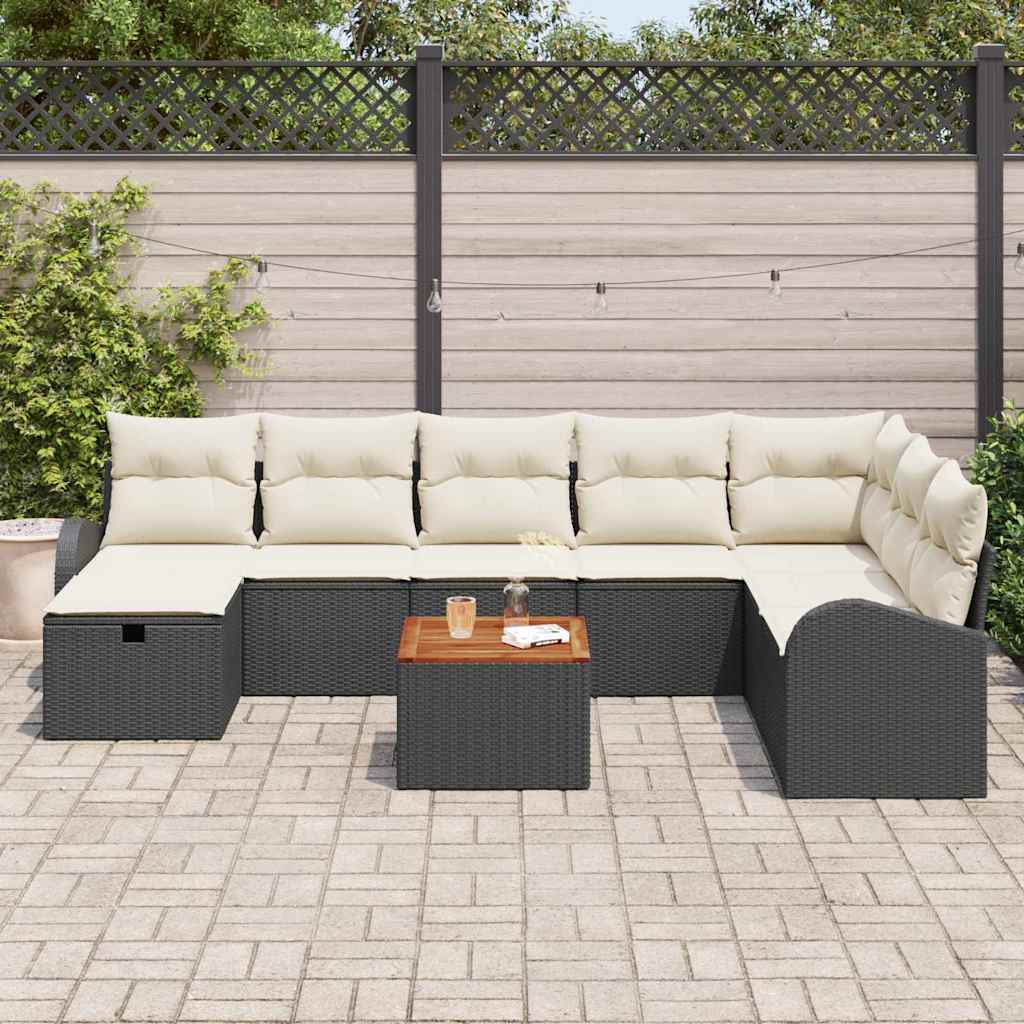 vidaXL 9-delige Tuinbankenset met kussens poly rattan zwart