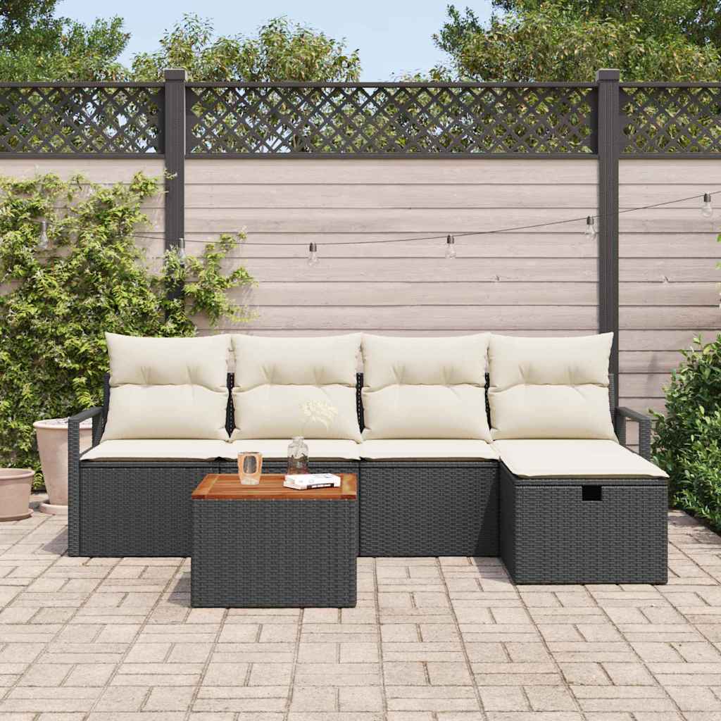 vidaXL 6-delige tuinbankset met kussens in zwart poly rattan