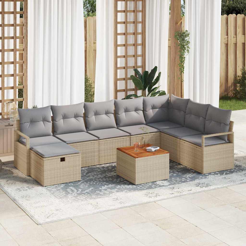 9 Stykke Have Sofa Sæt med Puder Beige Poly Rattan, vidaXL 2-Sæders Have Sofa med Opbevaring & Puder Beige Poly Rattan