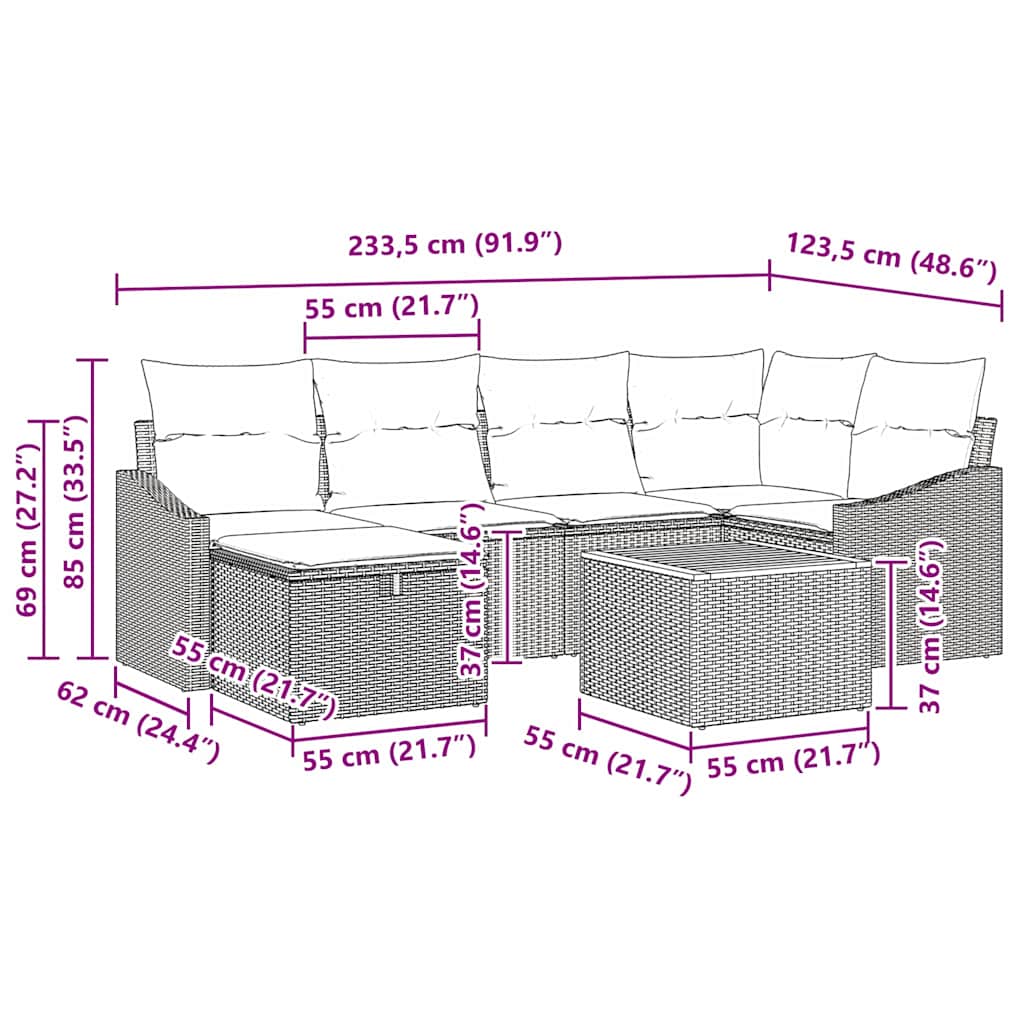 Sada zahradních pohovek s polštářem 7 pcs Šedá Poly ratan - obrázek 15