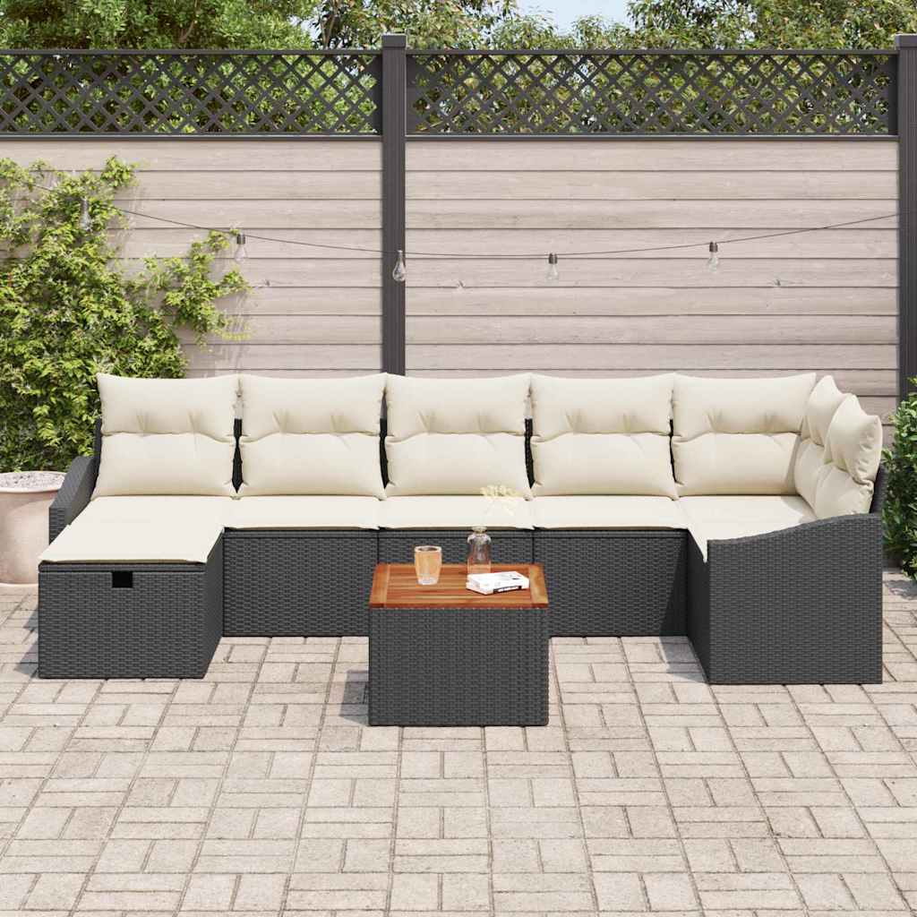 vidaXL 8-delige tuinbank set met kussens in zwart poly rattan