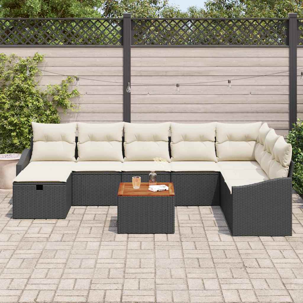 vidaXL 9-delige Tuinbankenset met kussens poly rattan zwart