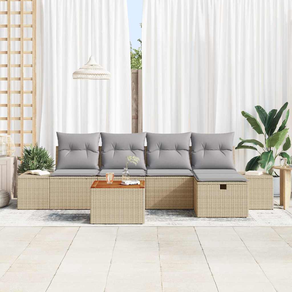 vidaXL 6-delige Tuinbankenset met kussens poly rattan beige