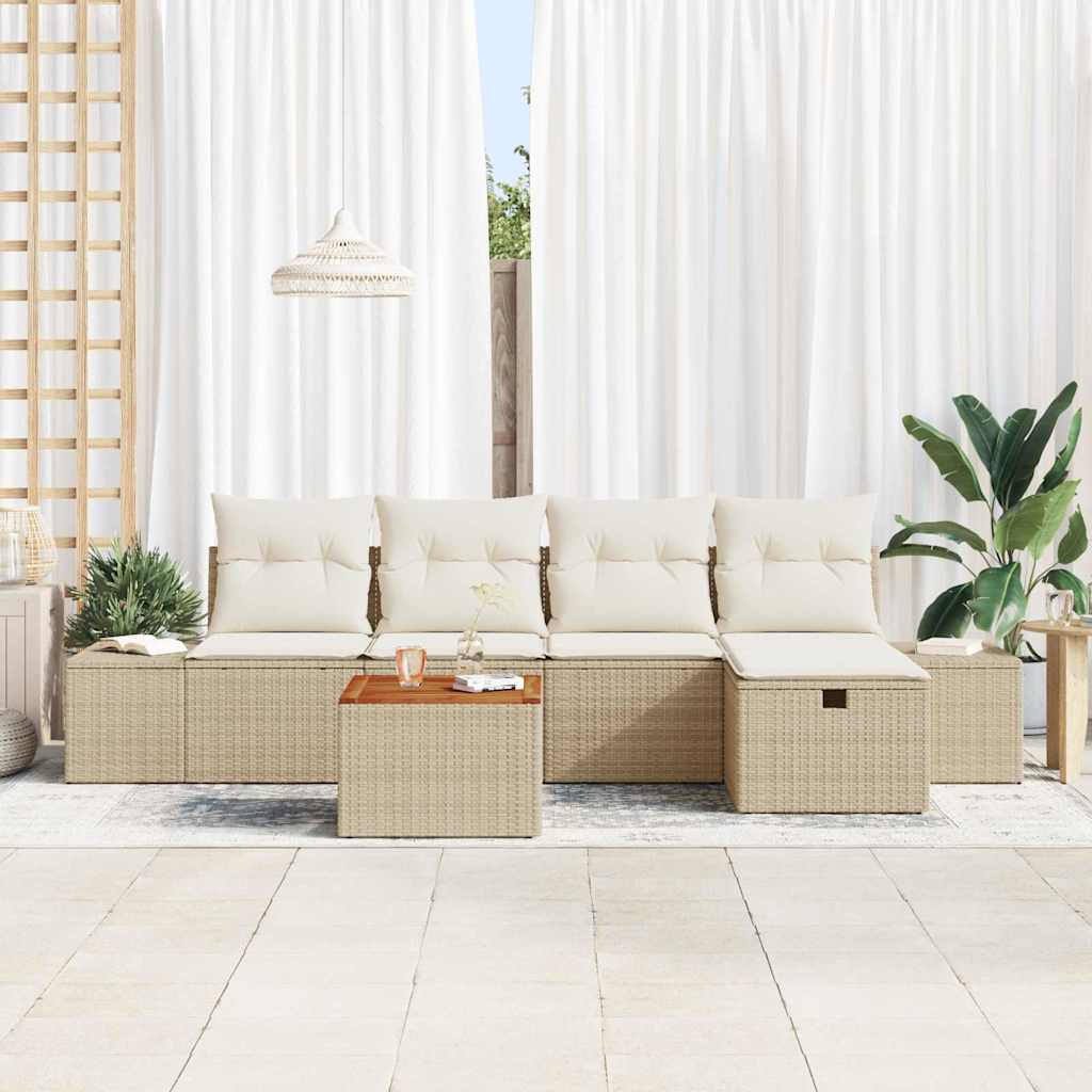 vidaXL 6-delige Tuinbankenset met kussens poly rattan beige