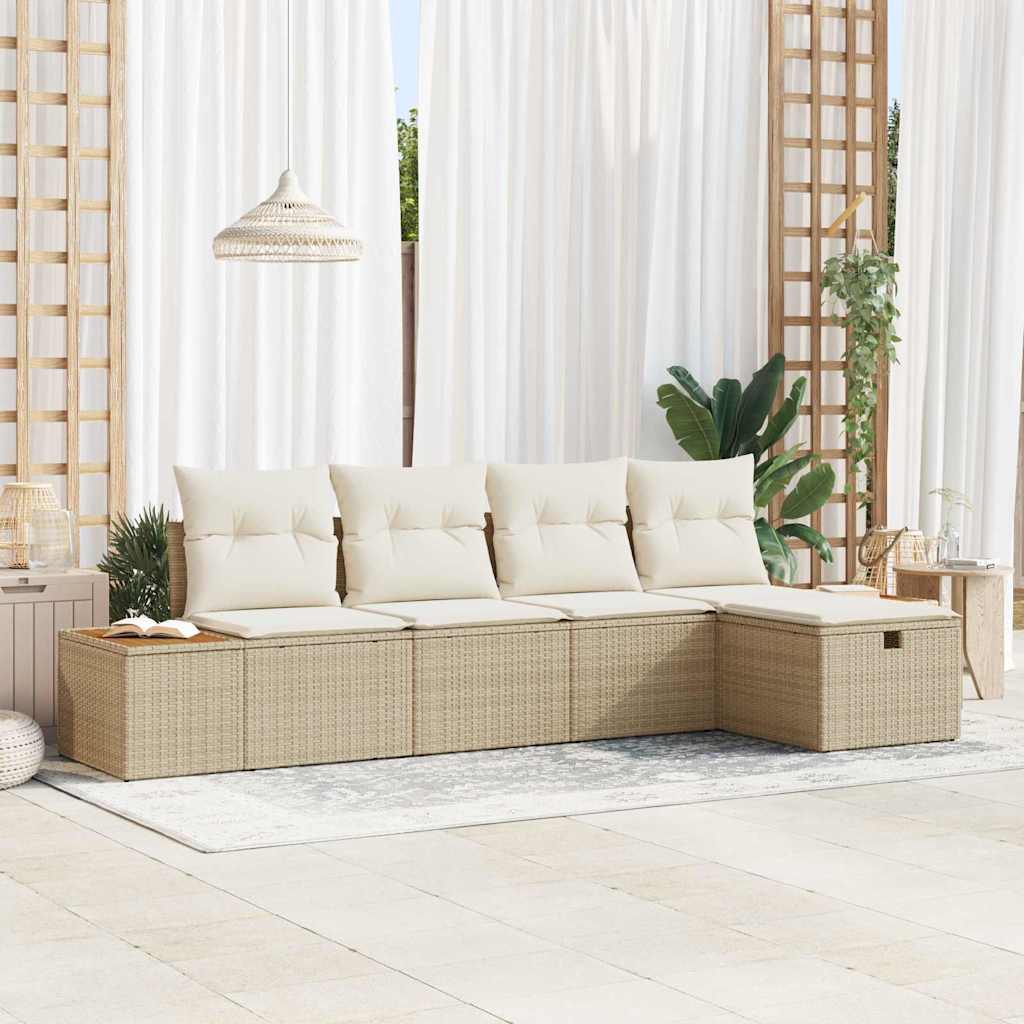 5 Piece Garden Sofa Set with Cushions Beige Poly Rattan