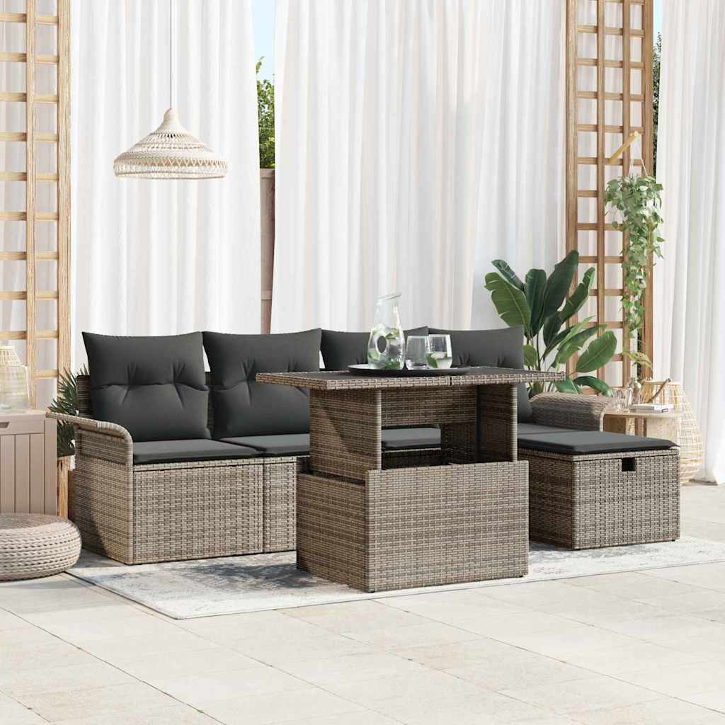 6-teiliges Garten Sofa Set mit Kissen Grau Poly Rattan