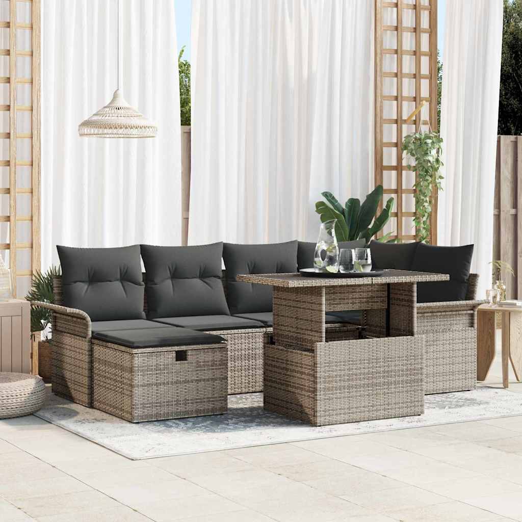 7 Delt Have Sofa Sæt med Puder Grå Poly Rattan, vidaXL 2-sæders Have Sofa med Opbevaring & Puder Grå Poly Rattan