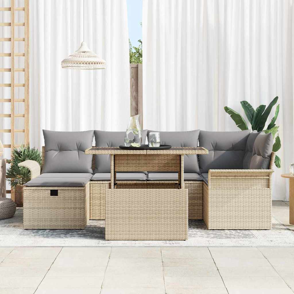 vidaXL 7-delige tuinbank set met kussens in beige poly rattan