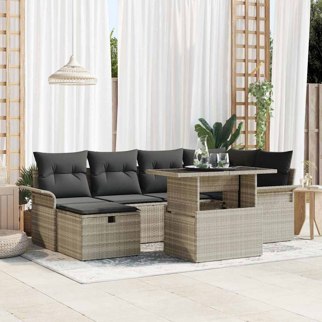 7-delt Havensofa Sæt med Puder Lysegrå Polyrattan, vidaXL 2-personers Havensofa med Opbevaring & Puder Lysegrå Polyrattan