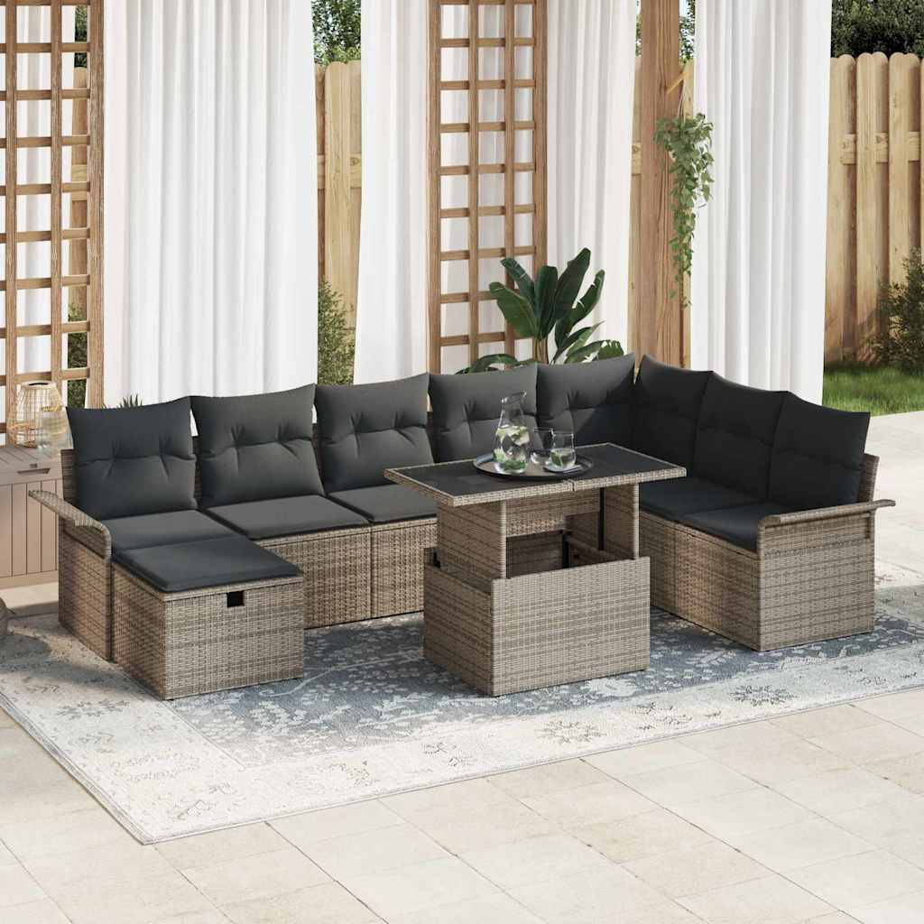 9 Styk Have Sofasæt med Puder i Grå Poly Rattan, vidaXL 2-sæders Have Sofa med Opbevaring & Puder i Grå Poly Rattan