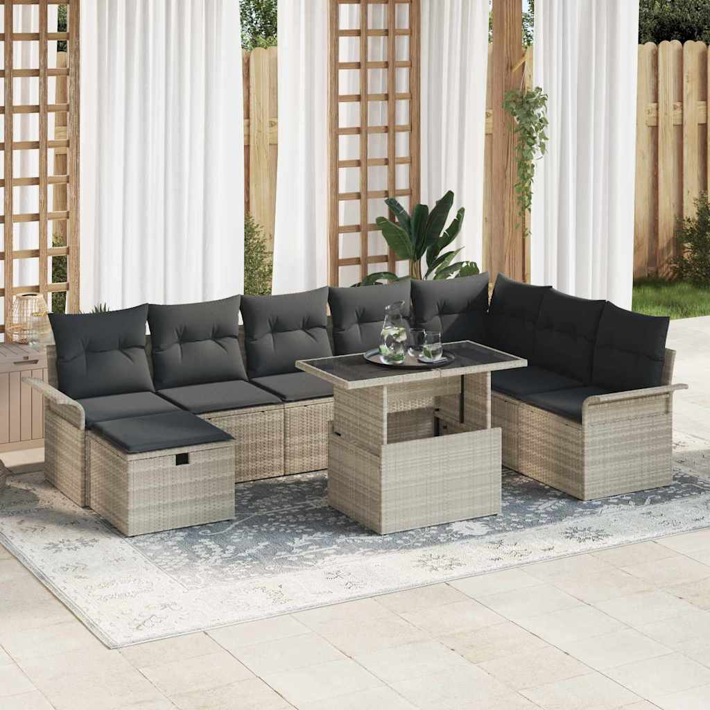 9 Stykker Have Sofa Sæt med Puder Lysegrå Poly Rattan, vidaXL 2-sæders Have Sofa med Opbevaring & Puder Lysegrå Poly Rattan
