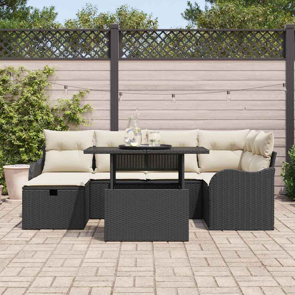 vidaXL 7-delige tuinset met kussens in zwart poly rattan