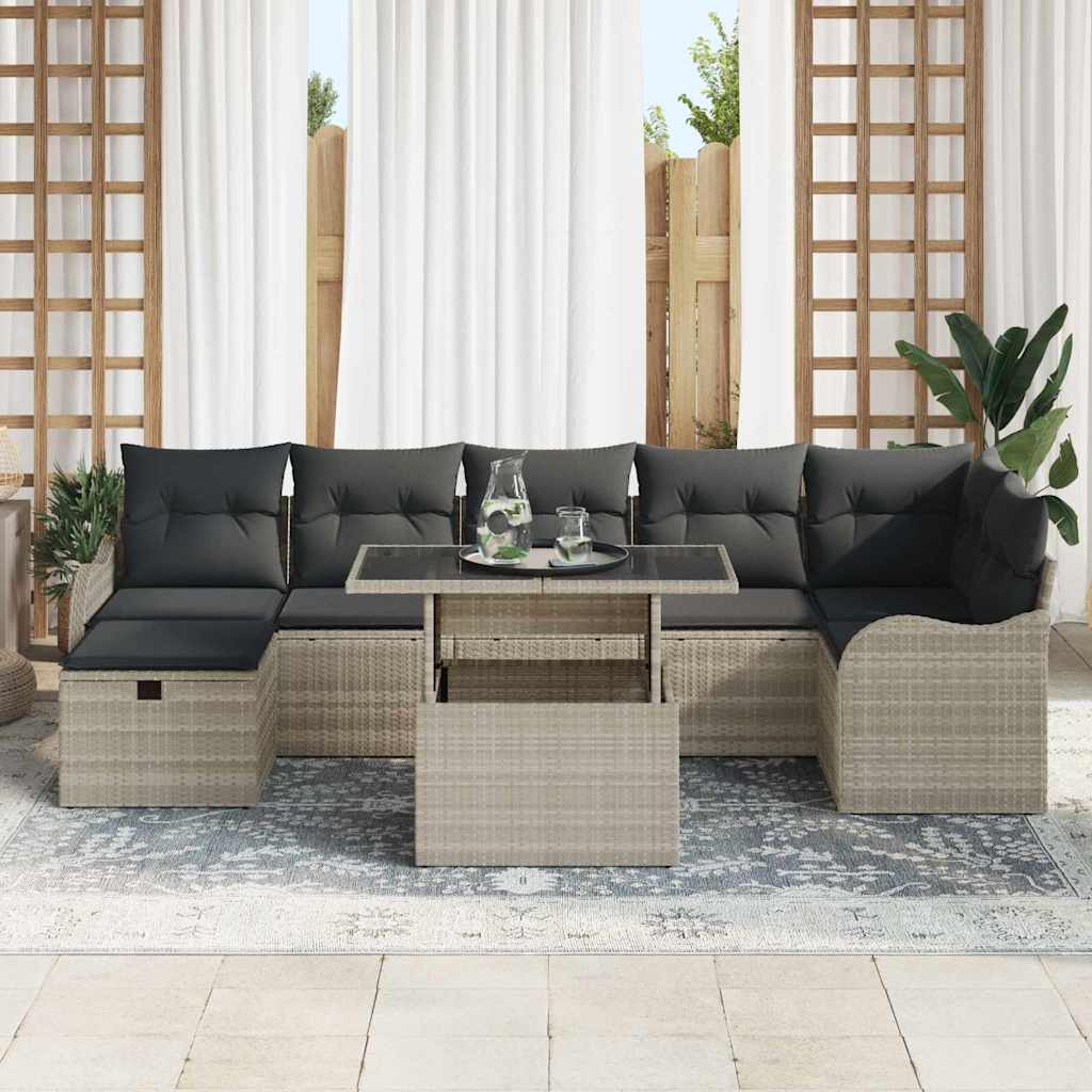 vidaXL 8-delige Tuinbankenset met kussens poly rattan lichtgrijs