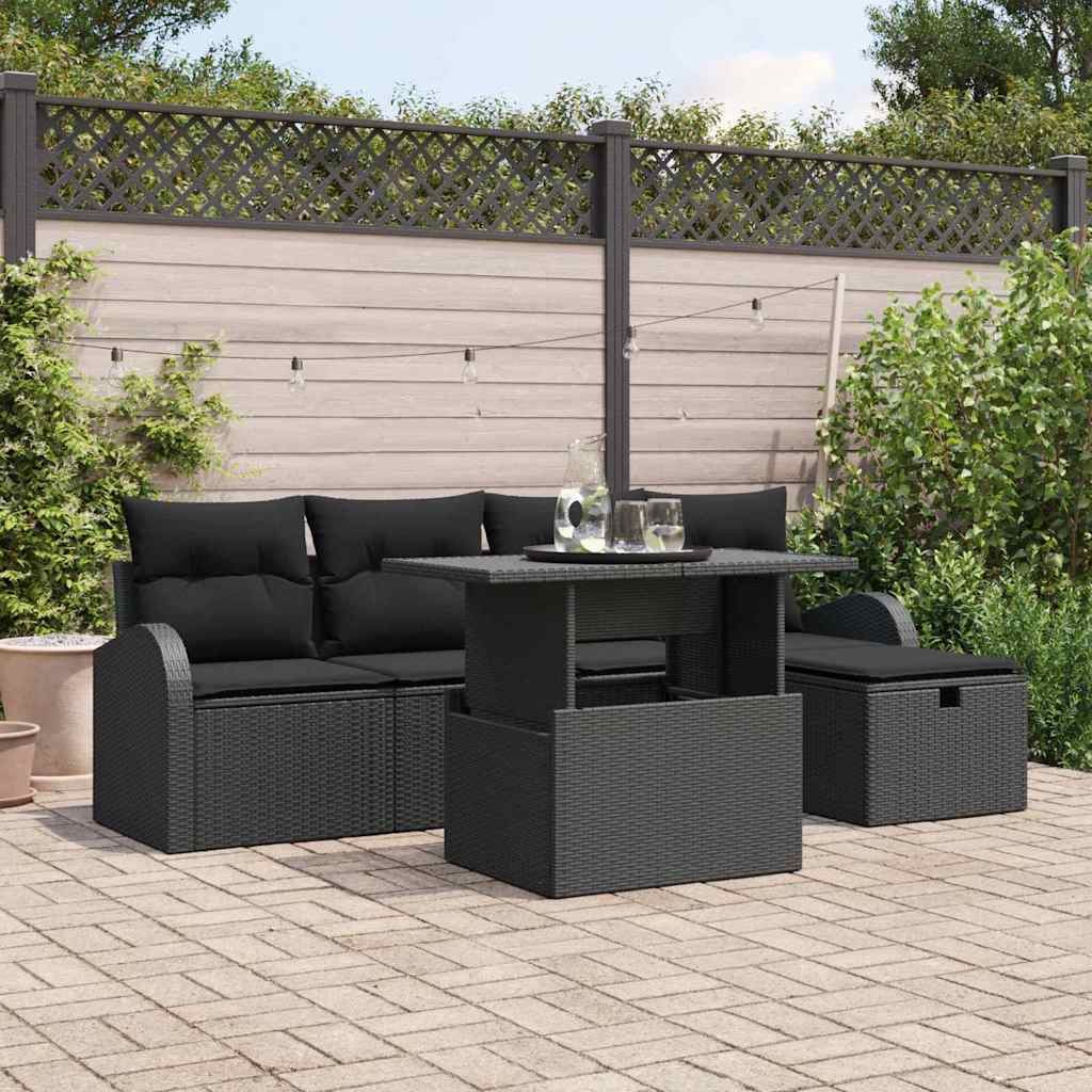 6-teiliges Garten Sofaset mit Kissen Schwarz Poly Rattan