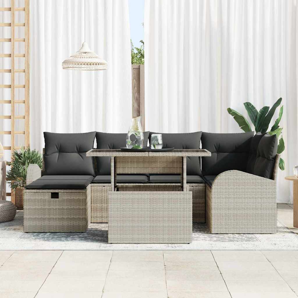 vidaXL 7-delige tuinset met kussens in lichtgrijs poly rattan