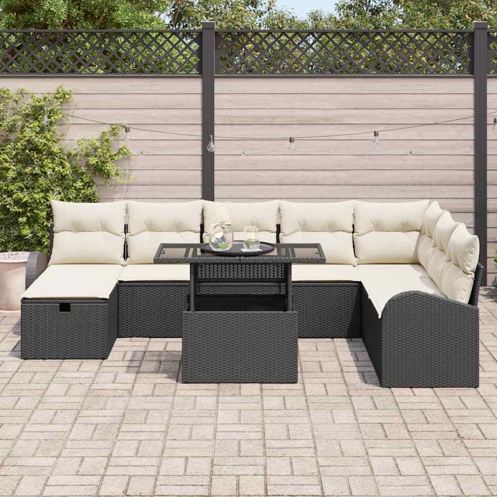 vidaXL 9-delige Tuinbankenset met kussens poly rattan zwart