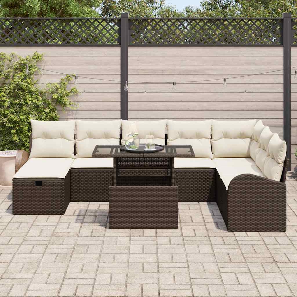 vidaXL 9-delige Tuinbankenset met kussens poly rattan bruin