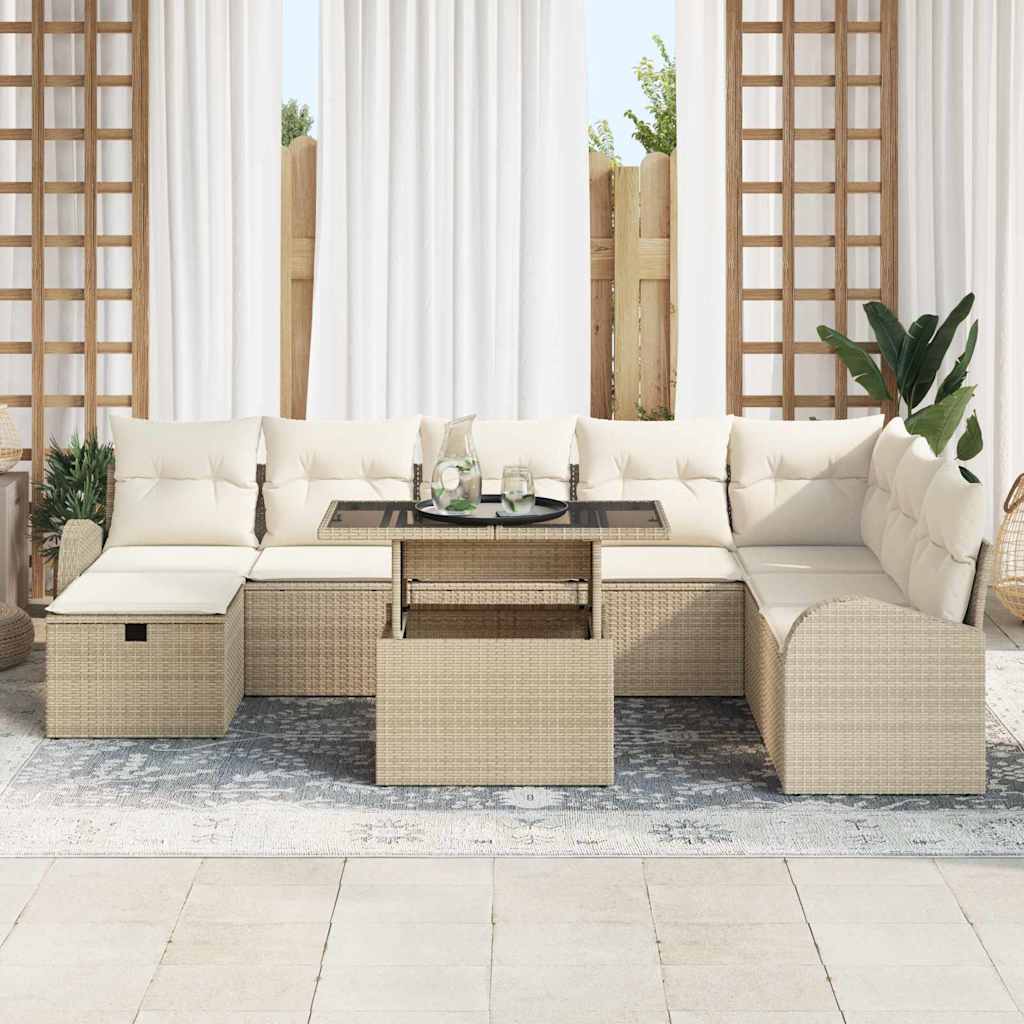 vidaXL 9-delige Tuinbankenset met kussens poly rattan beige