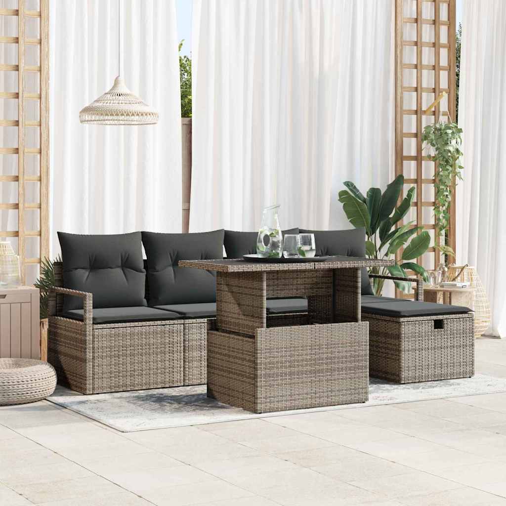 6-delt havemøbel sæt med puder i grå poly rattan, vidaXL 2-personers havemøbel sofa med opbevaring & puder i grå poly rattan