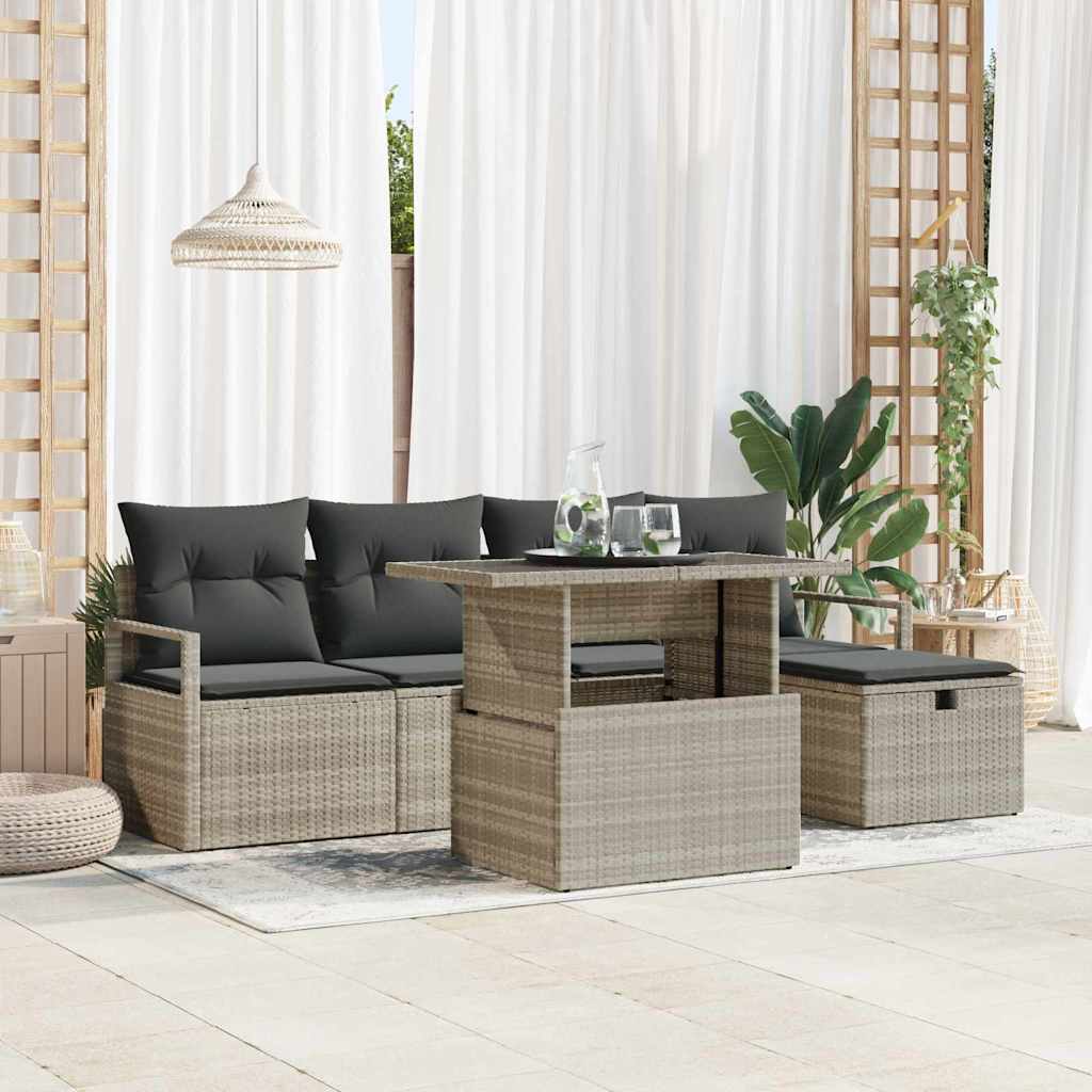 6-teiliges Garten Sofa Set mit Kissen in Hellgrau Poly Rattan